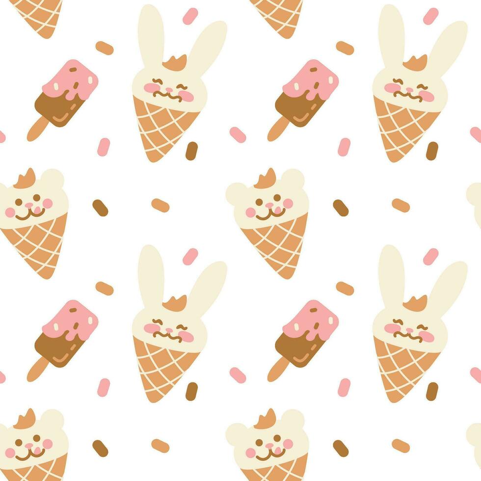 Cute ice cream in the shape of a bunny. Yummy ice-cream. Children's print. Seamless pattern. vector