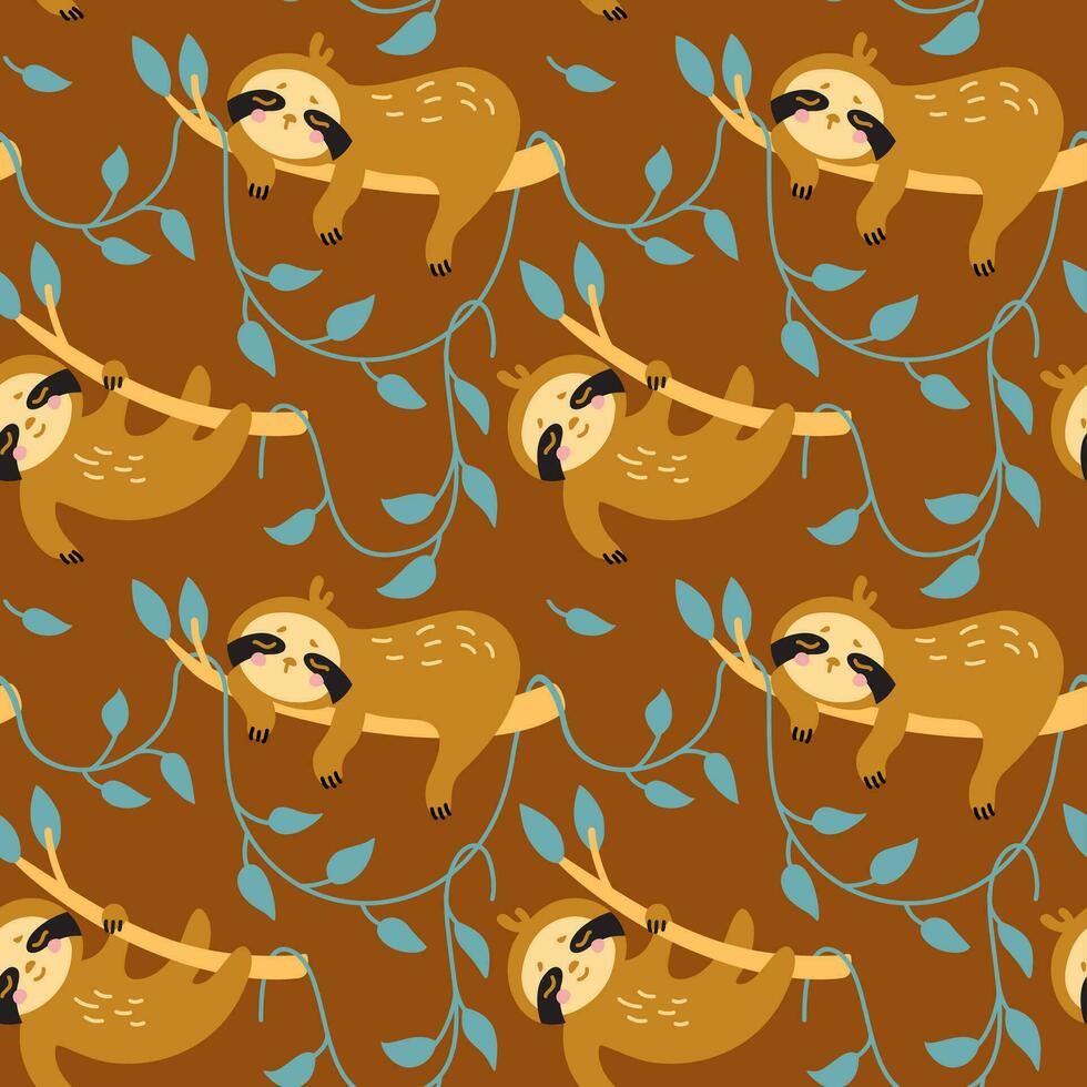 Cute sloth sleeping on tree branches.   Seamless pattern for kid products. vector