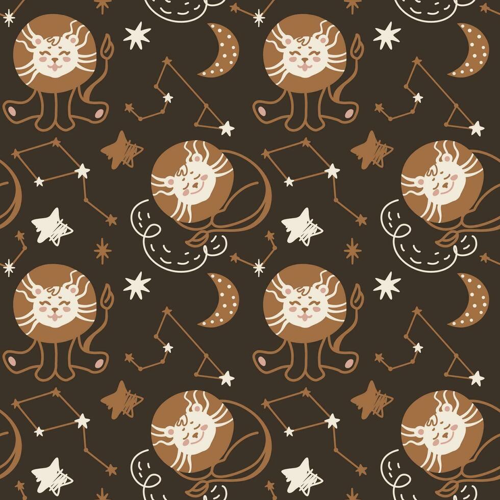Cute lion sleeping on a cloud in the sky. constellations. Sweet dreams. Kids print. Seamless pattern. vector
