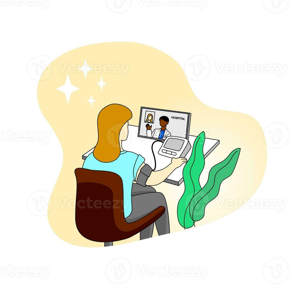 woman check up blood pressure and advice doctor via internet. illustration health care concept new normal flat design character. photo