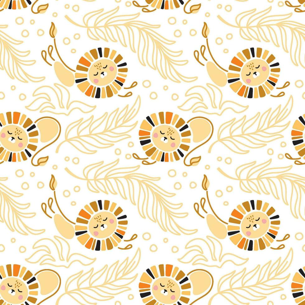 Cute lion in the jungle.  Kids print painted in candinavian style. Seamless pattern. vector