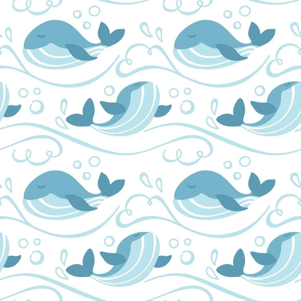 Cute whales in the deep ocean. Waves and splash. Seamless pattern for kid products. vector