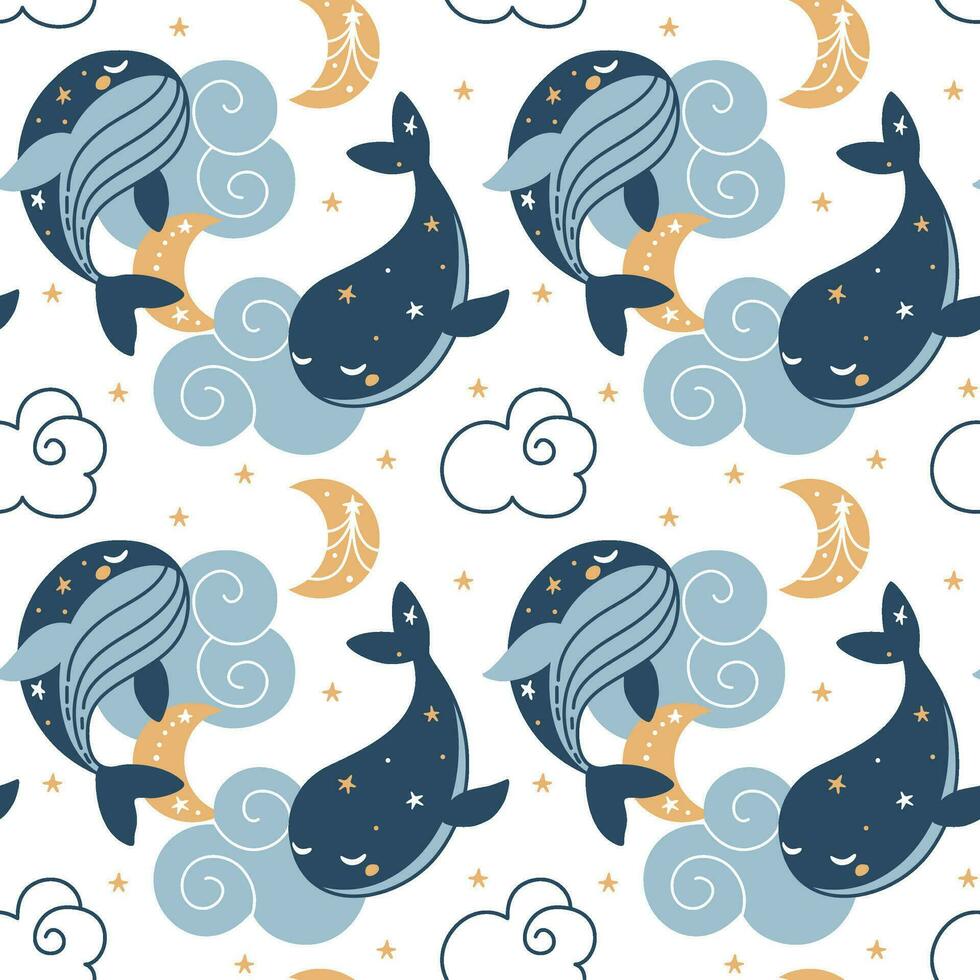 Cute whales sleeping in the clouds. Fantasy illustration. Kids print. Seamless pattern for fabric, wrapping, textile, wallpaper, clothes. Vector. vector