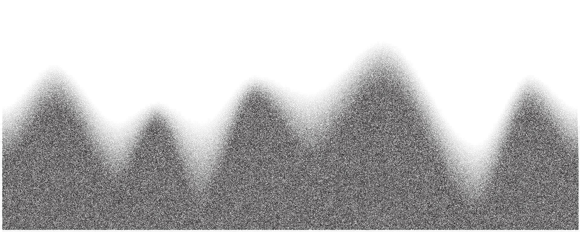 Grainy mountains with noise gradient. Dotted stippled background with grain texture. Vector grunge retro landscape.