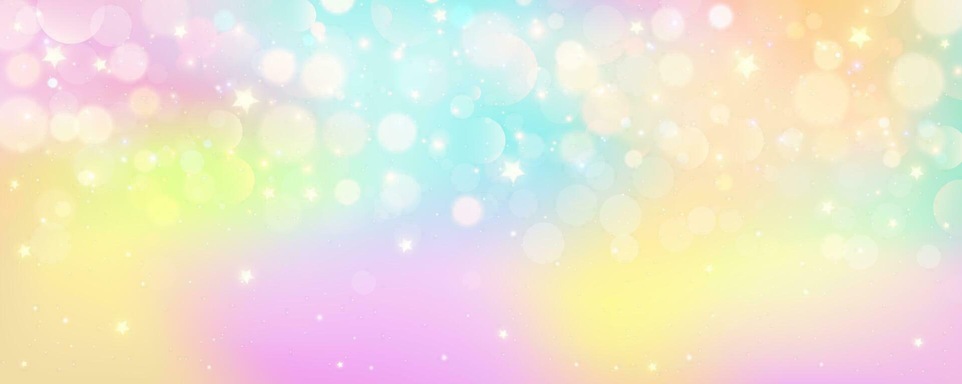 Rainbow unicorn pastel background with glitter stars. Pink fantasy sky. Holographic space with bokeh. Fairy iridescent gradient backdrop. Vector