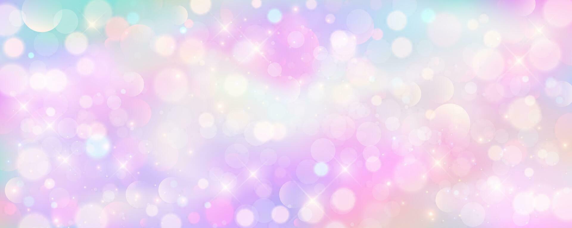 Purple unicorn background. Pastel watercolor sky with glitter stars and bokeh. Fantasy galaxy with holographic texrure. Magic marble space. Vector