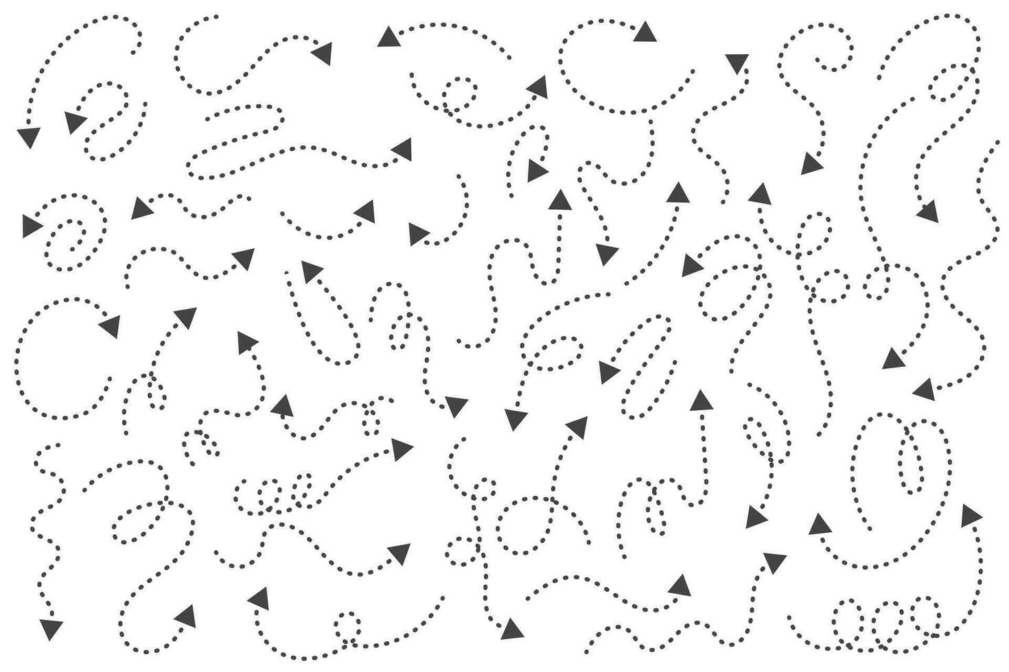 Arrows vector set. Curved hand drawn dotted elements. Doodle outline black stroke. Simple cartoon swirl scribble isolated on white background.