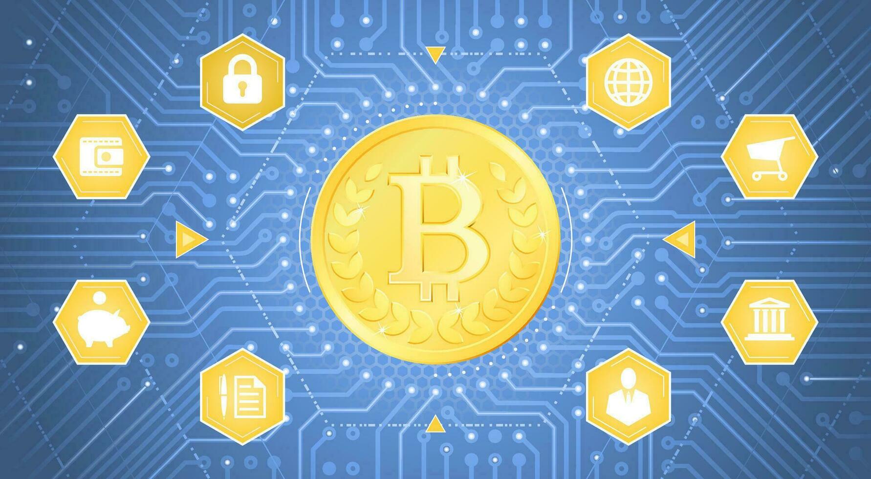 Digital Bitcoin. A golden coin with the Bitcoin symbol on it in the center of a PCB pattern as is inside of electronic cyberspace. Graphic illustration on the theme of Crypto-Currencies. vector