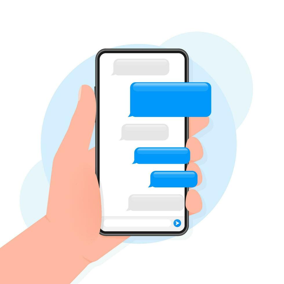 Hand holds phone with chat message on blue background. Vector illustration.