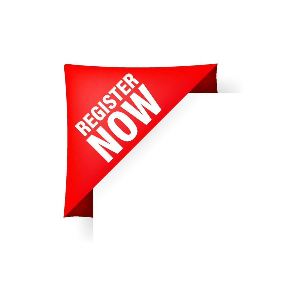 Red register now label in modern style on white background. Banner promotion. vector