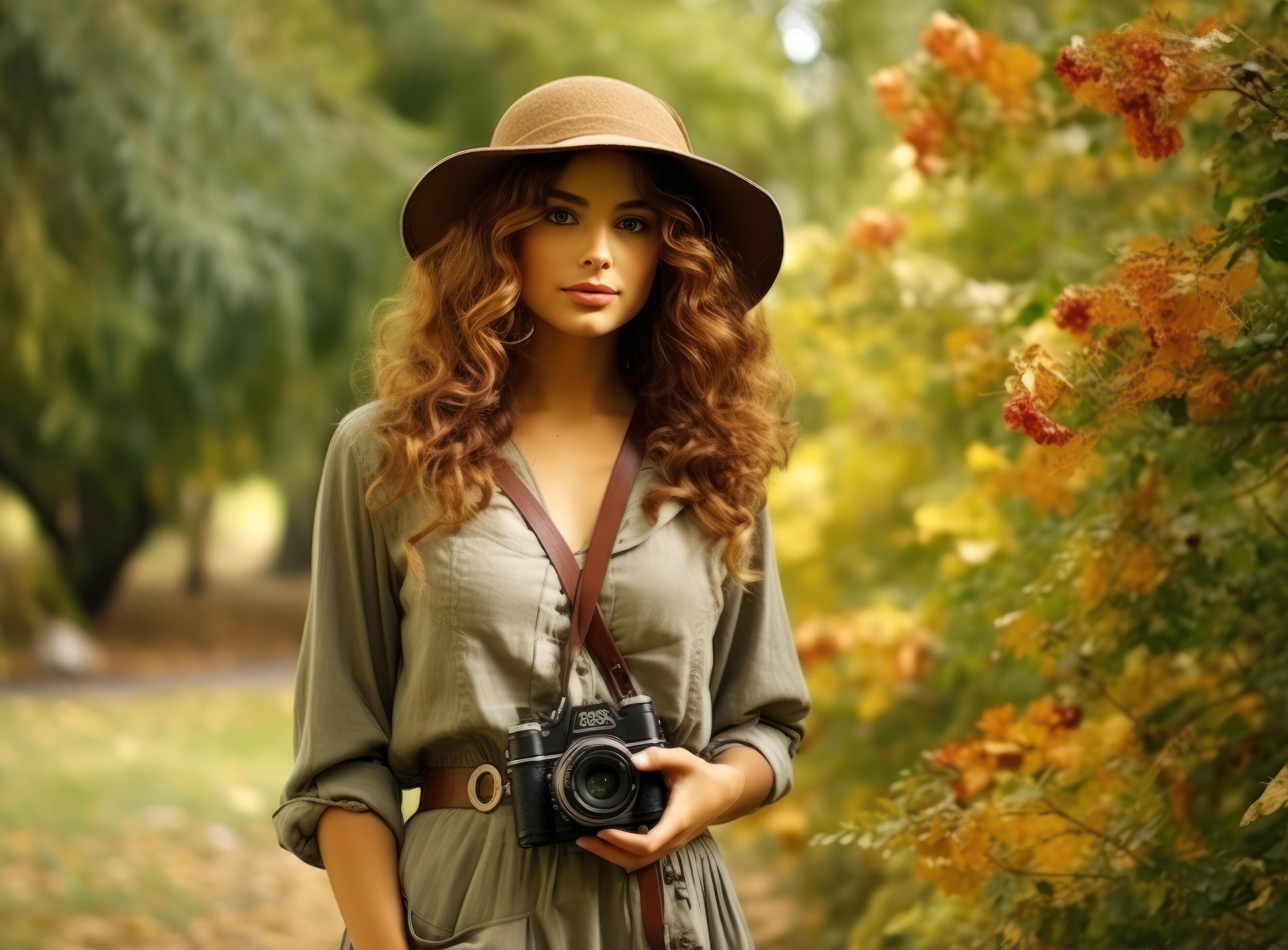 Beautiful female autumn woman with camera in park 27684117 Stock Photo