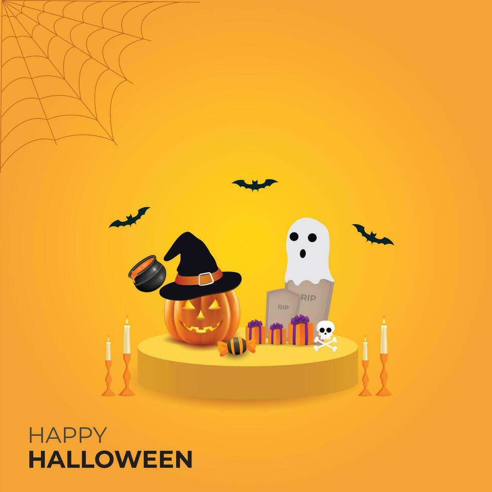 Halloween background with pumpkins, ghost and other Halloween elements. vector