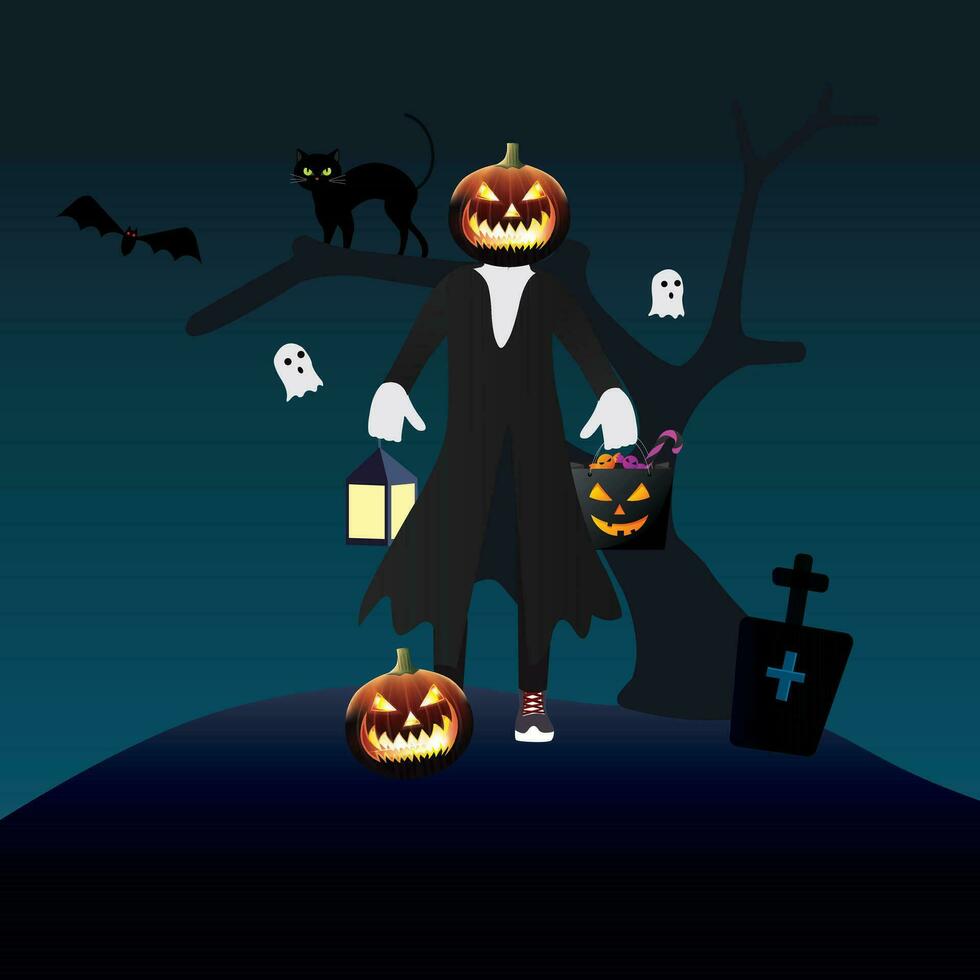 Halloween background with scary man and pumpkin.  Happy Halloween vector illustration.