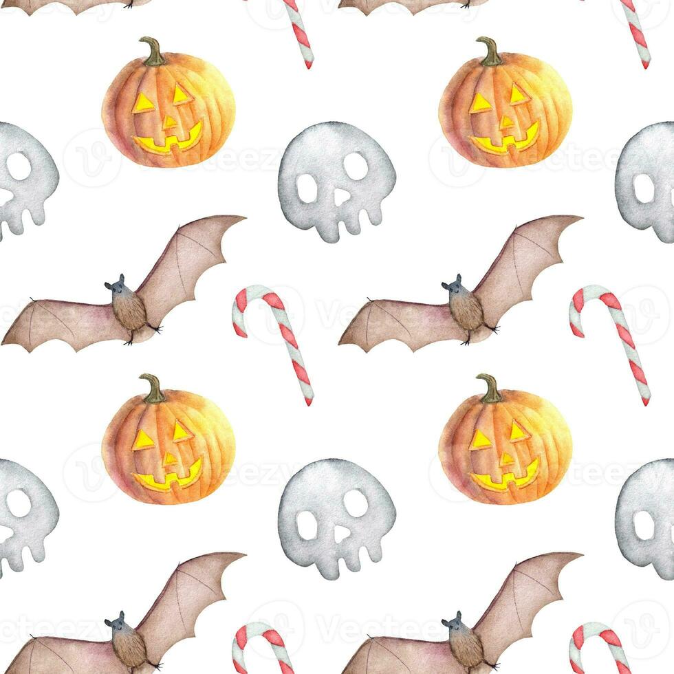 Seamless watercolor Halloween pattern with a skull, jack o lantern and a bat. Cute spooky Halloween pattern. photo