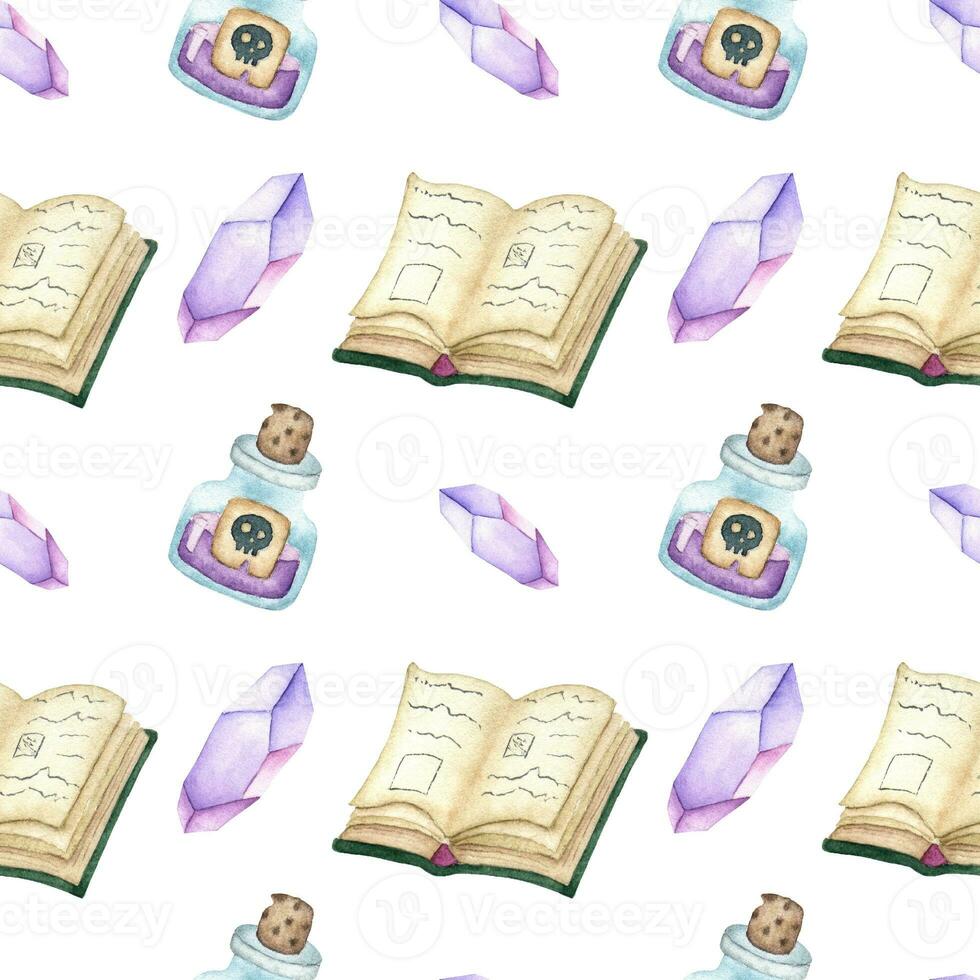 Seamless watercolor magic pattern with a crystal, poison and old book. photo