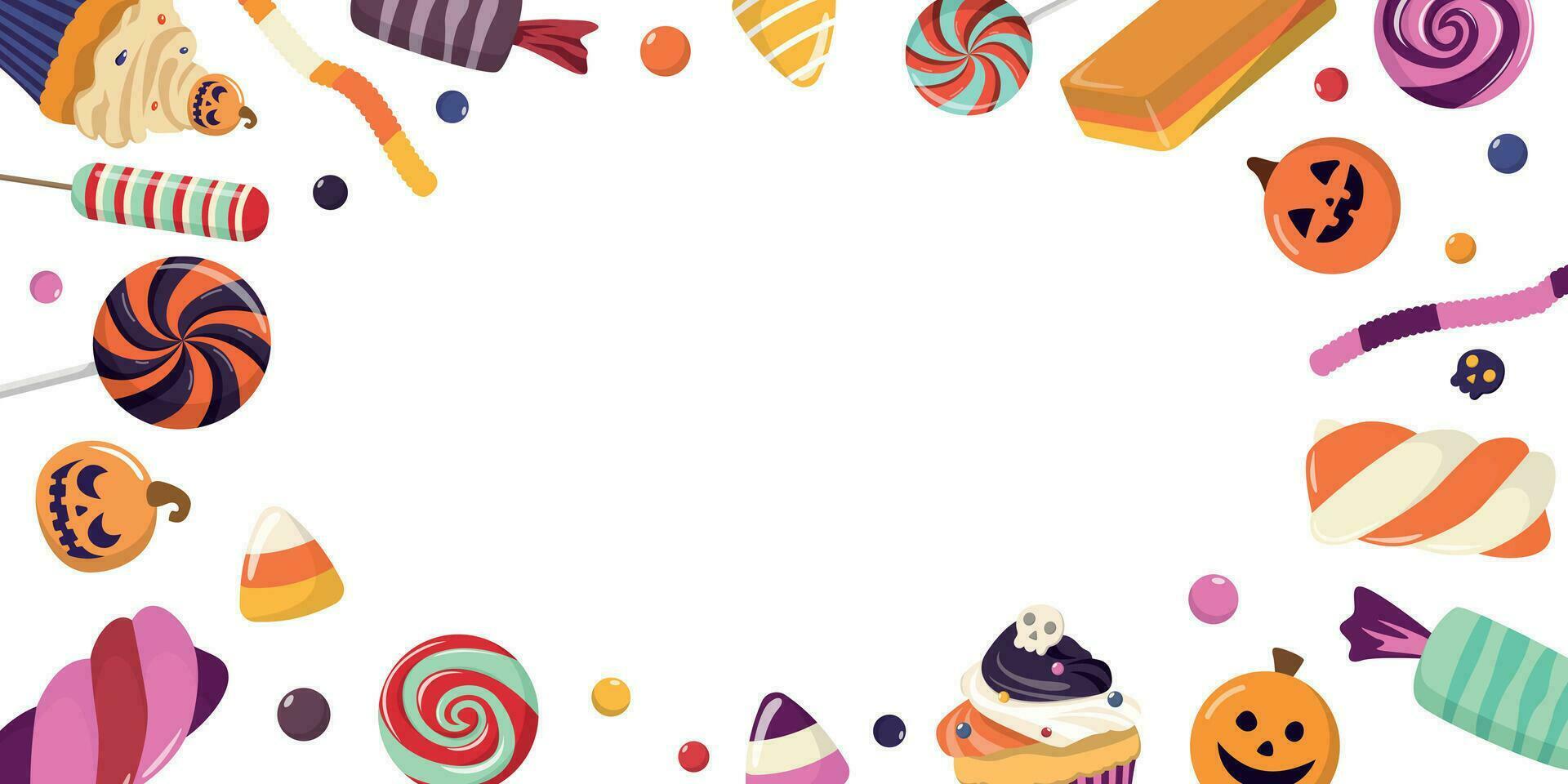 Halloween banner with colorful candies and desserts, autumn holiday season background. Vector border frame. Isolated on white background.