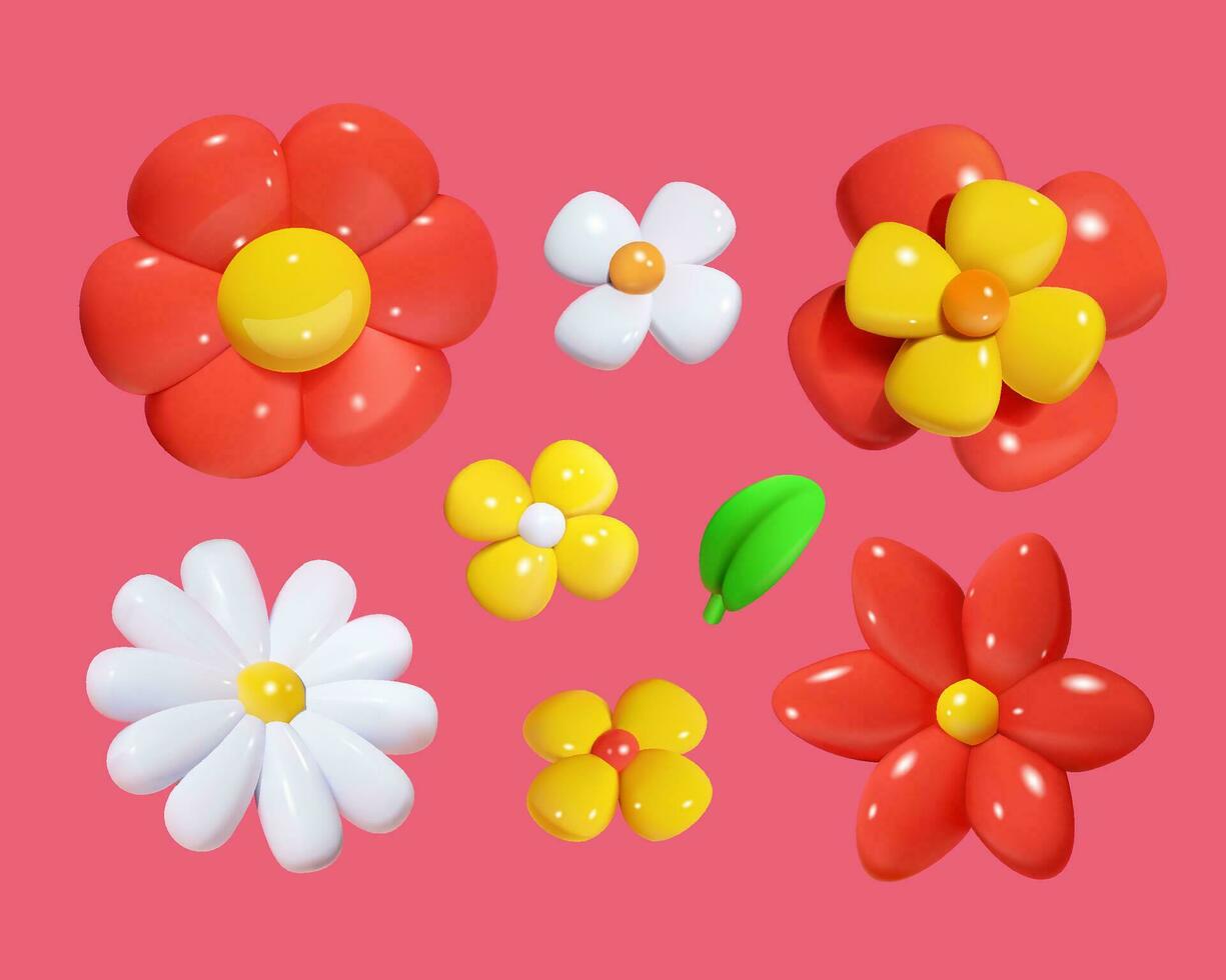 Set of 3d vector colorful flowers. Cartoon minimal style.