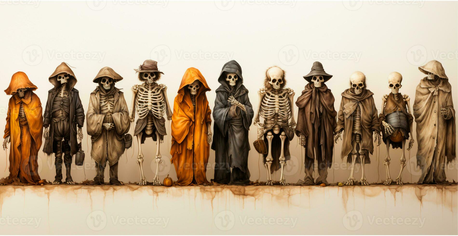 Skeletons in Halloween costumes - AI generated image photo