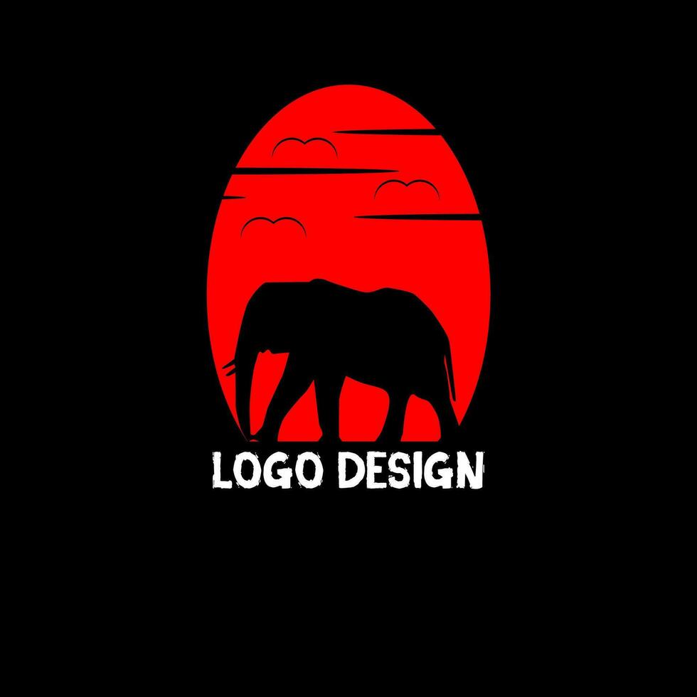 Vector logo elephant in red moonlight logo illustration on black background.