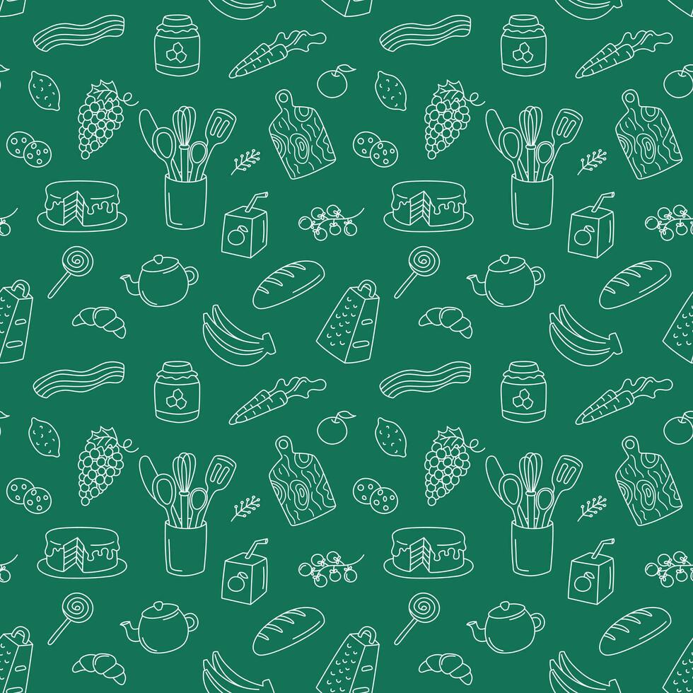 Cooking food doodle seamless pattern. Kitchen elements vector background. Cute repeat outline illustrations with utensils, kitchenware, meal ingredients. Fruits and vegetables