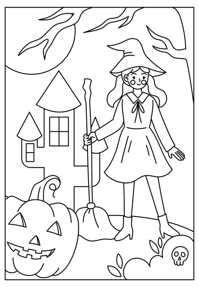 witch halloween lineart coloring page vector