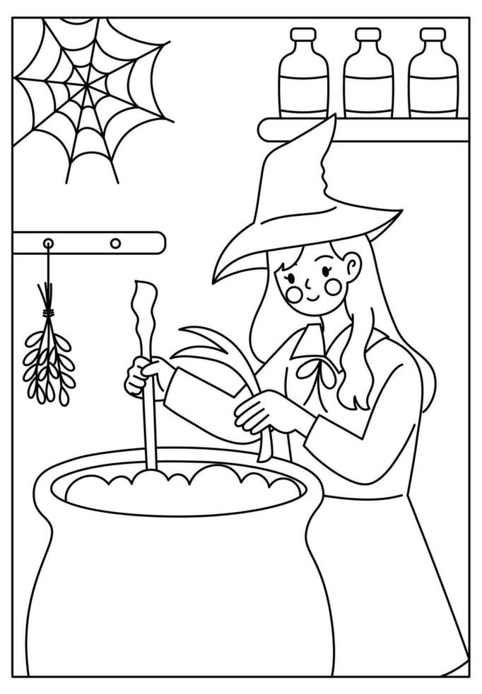 witch halloween lineart coloring page vector