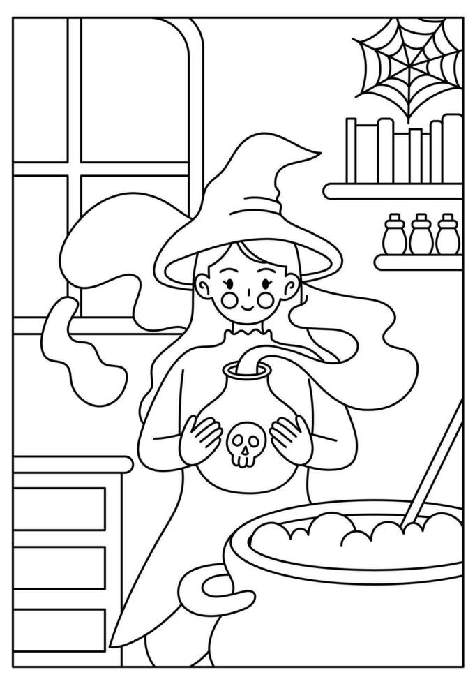 witch halloween lineart coloring page vector