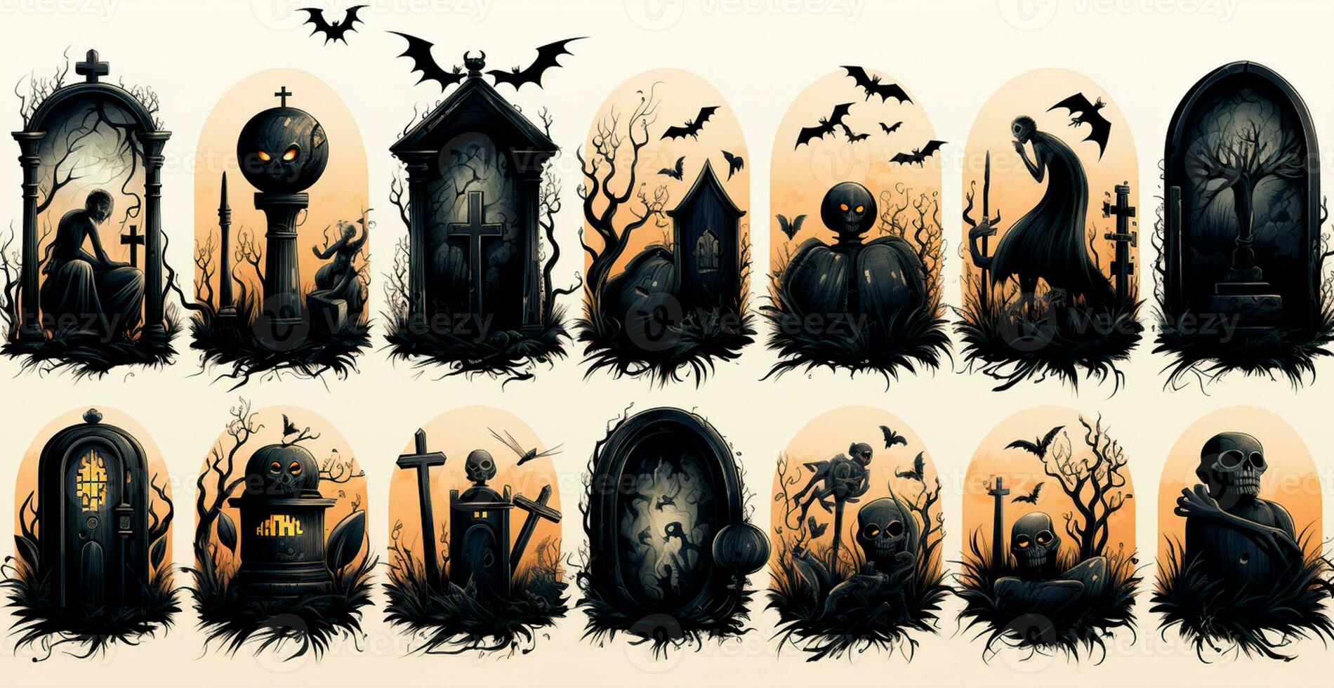 Gloomy tombstones in the cemetery, halloween festival of the dead - AI generated image photo