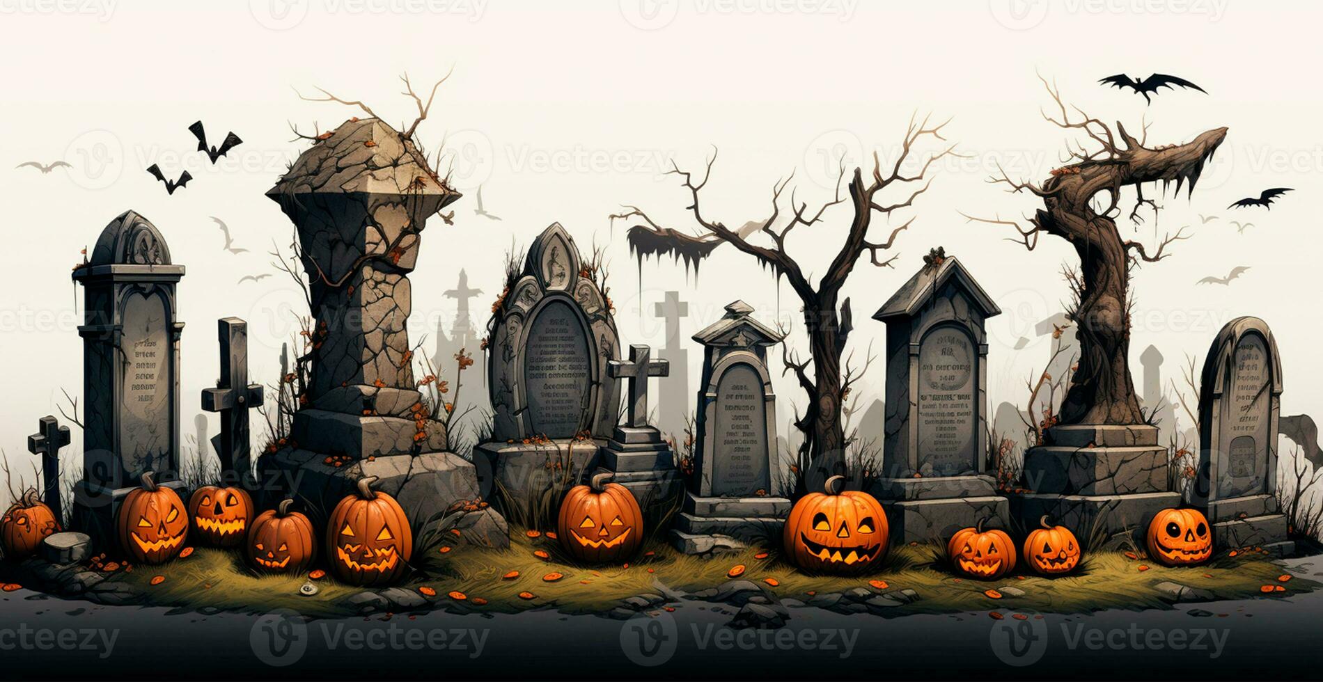 Gloomy tombstones in the cemetery, halloween festival of the dead - AI generated image photo