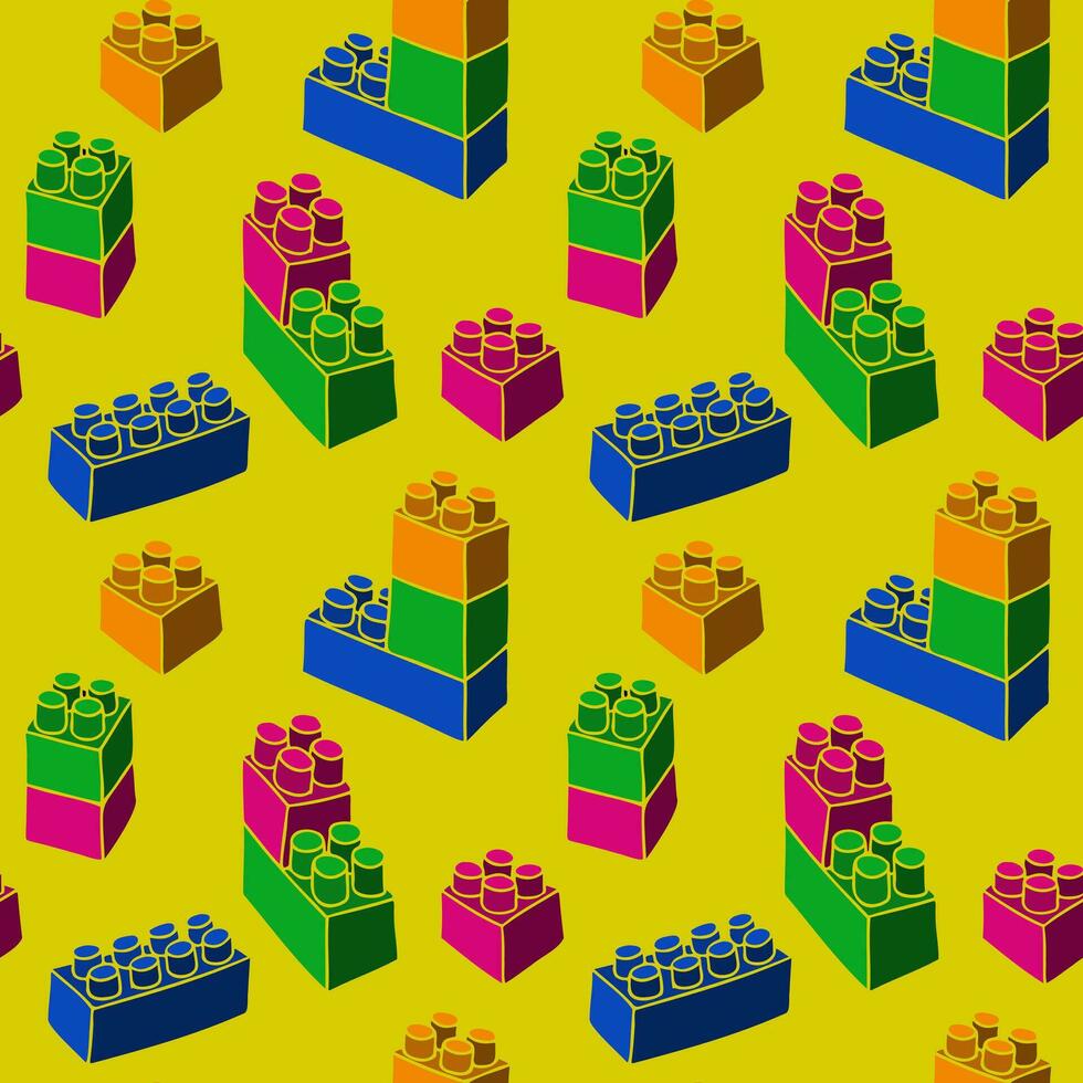 Toy kids bricks seamless pattern on yellow background. Flat vector colorfull blocks in minimalistic style. Retro geometric design. Perfect for decoration, textile, wrapping, decor