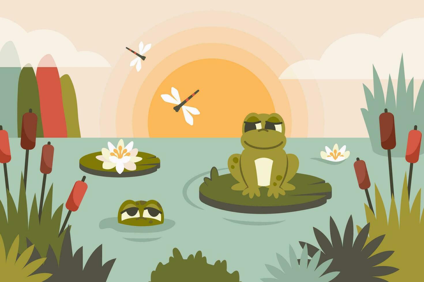 Cute Frog siiting on leaf in pond. Autumn landscape with Funny toads, foliage, reed, lotus, flying insects, wildlife. Cartoon character face. Clipart. Nature background. Vector flat illustration
