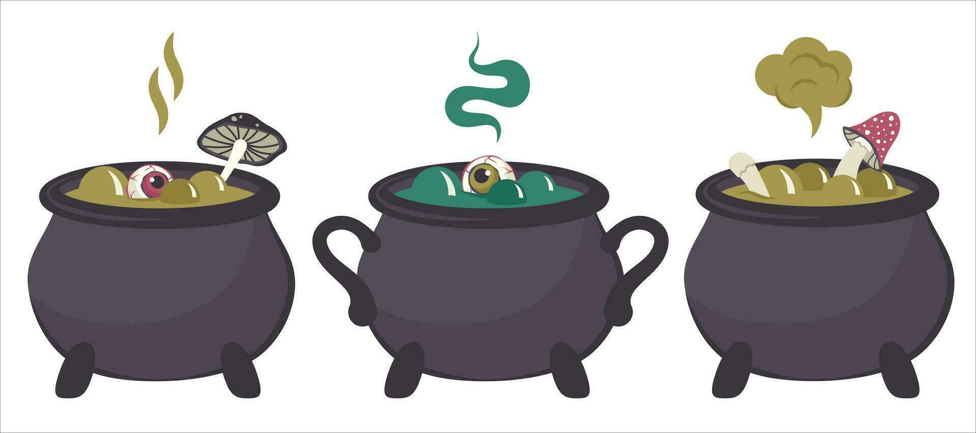 Set of Potion cauldron. Hand drawn magical witch brew for Halloween party. Old big pots with green liquid, flies, mushrooms, eyes. Autumn holiday of dead. Vector cartoon illustration