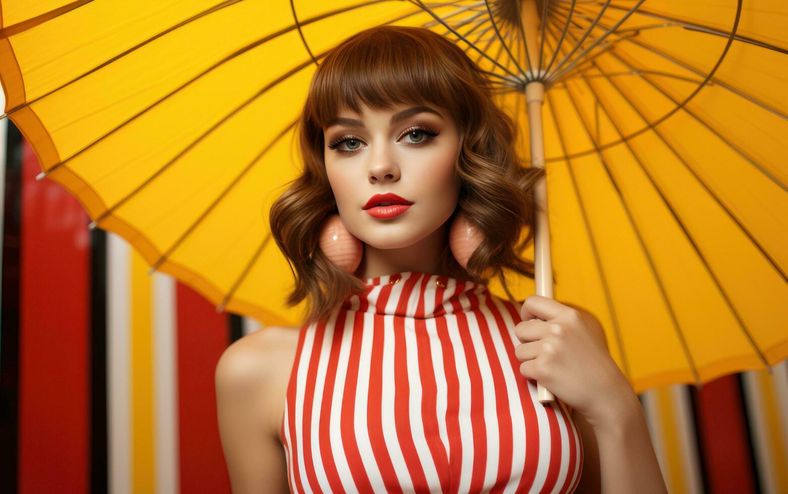 Young female girl holding yellow umbrella against a colorful background photo