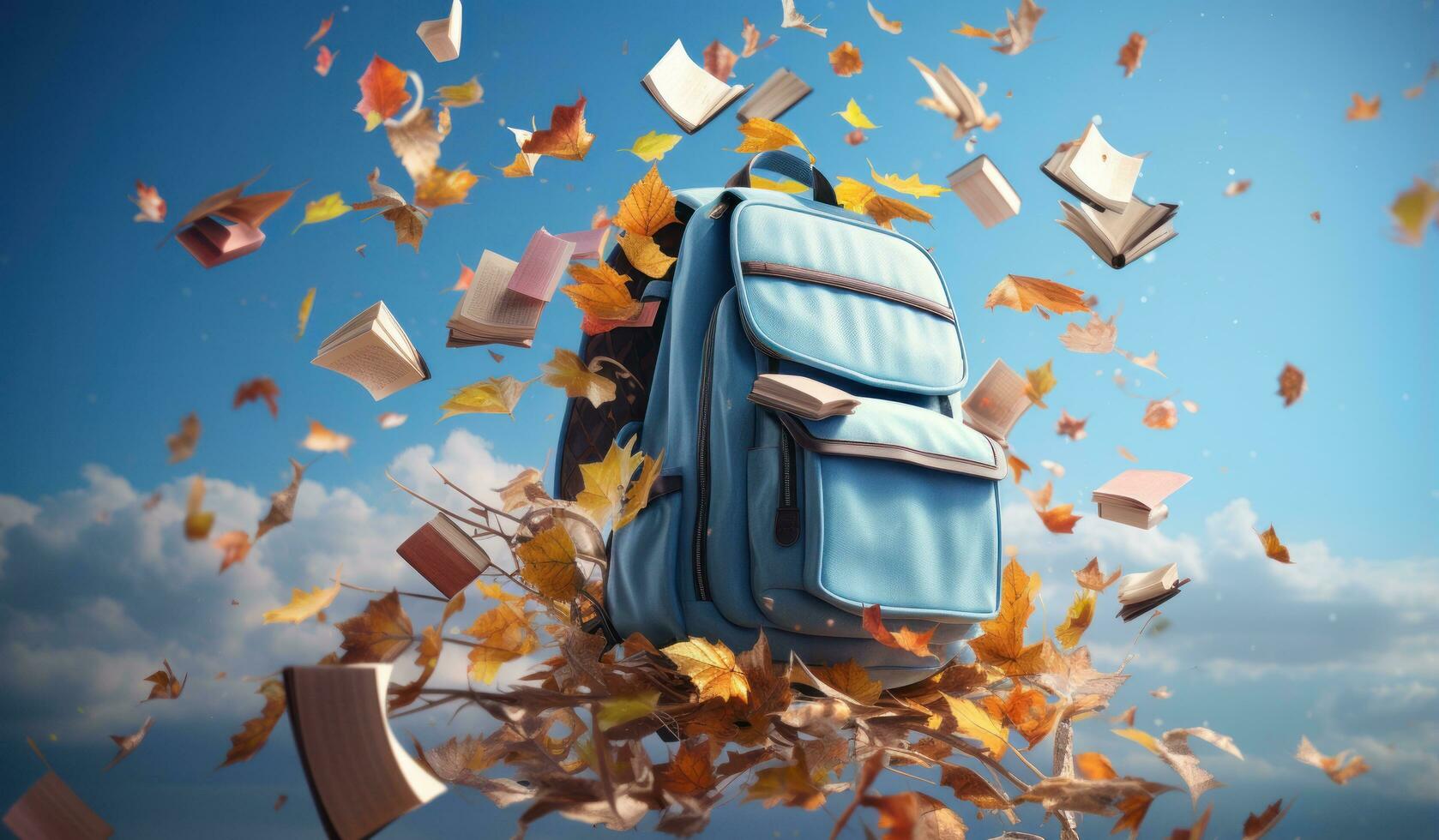 Books with backpack over the sky and some falling leaves photo