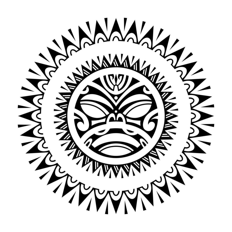 Round tattoo ornament with sun face maori style. African, aztecs or mayan ethnic mask. Black and white. vector