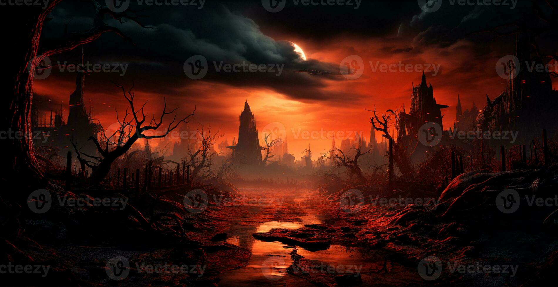 Creepy night in dark medieval castle, scary atmosphere for Halloween holiday background concept - AI generated image photo