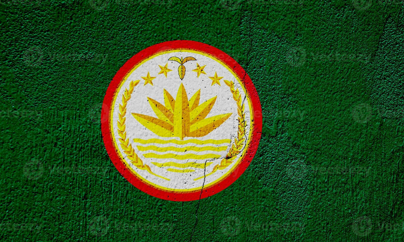 Flag and coat of arms of People's Republic of Bangladesh on a textured background. Concept collage. photo