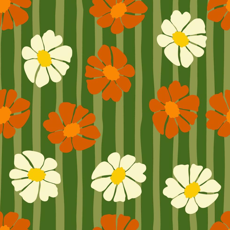 Retro groovy flowers seamless pattern. Vintage floral background. Abstract stylized botanical wallpaper vector