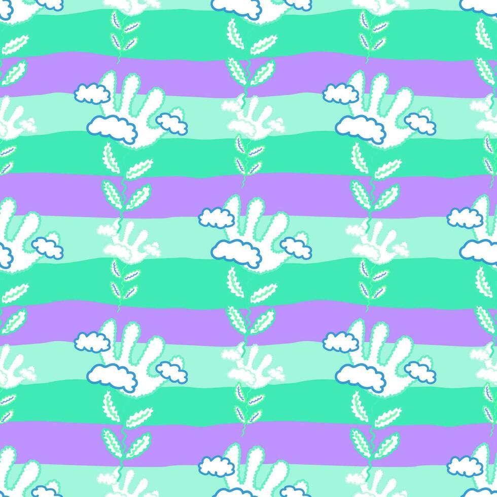 Cute unusual flower and cloud seamless pattern. Simple stylized flowers background. vector