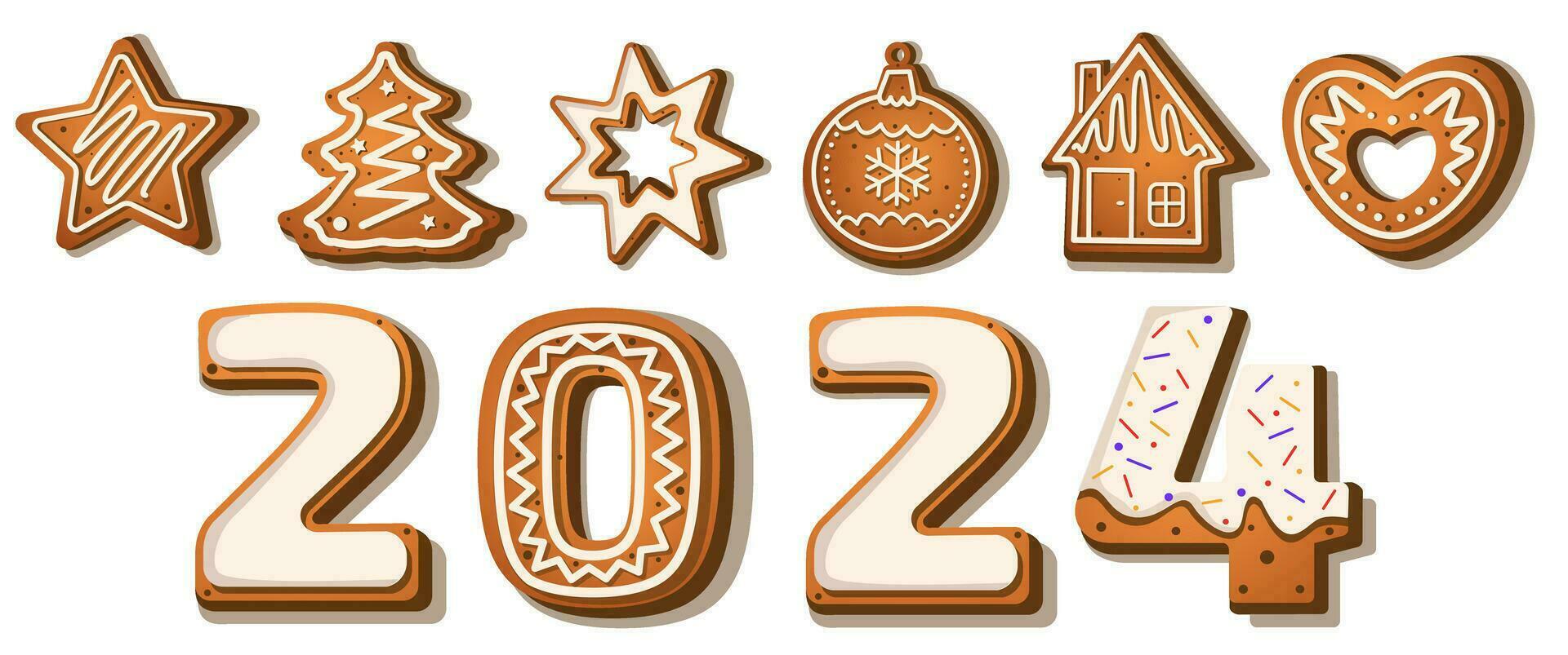 numerales y nuevo año juguetes en el formar de pan de jengibre un pan de jengibre casa, estrellas, copos de nieve y un 2024. dibujado en dibujos animados vector estilo