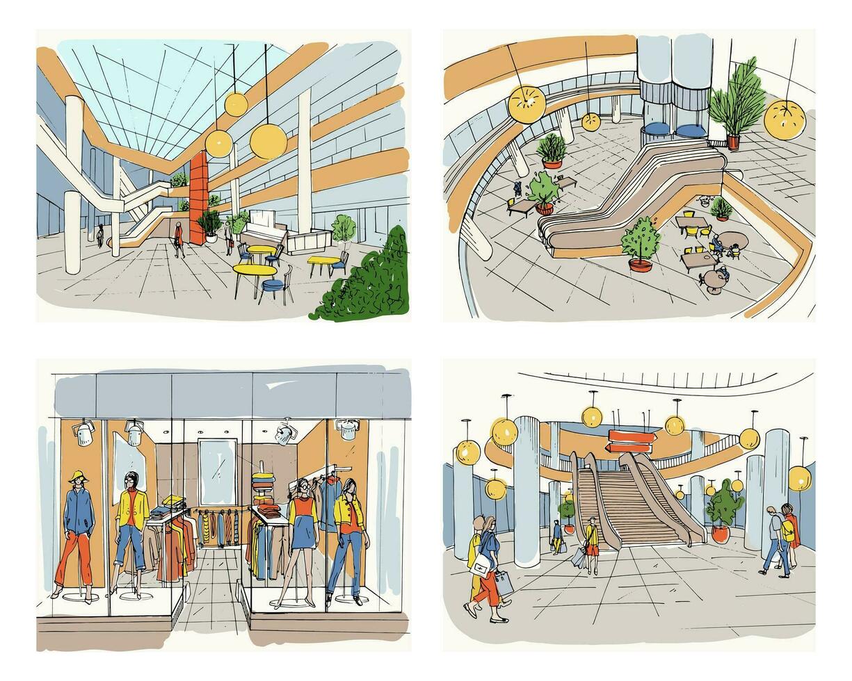 Set of modern interior shopping center. Collection various space mall. Colorful sketch illustration. vector