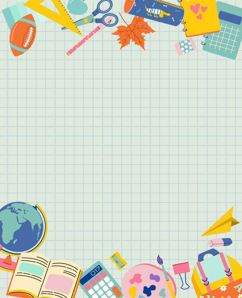 Frame with school supplies on sheet of checkered notebook. Space for your text. Vector flat illustration.