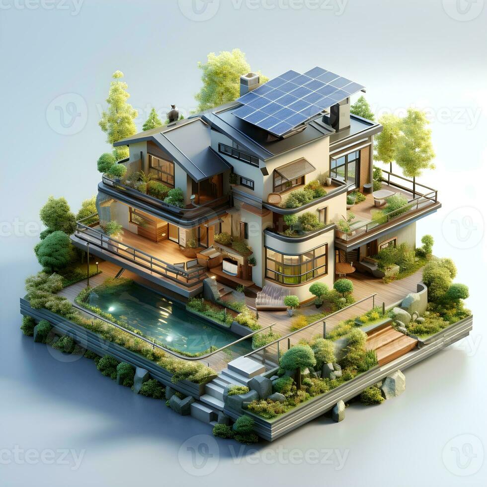 isometric architecture eco sustainable environment building with ecology sustainability generative AI. photo