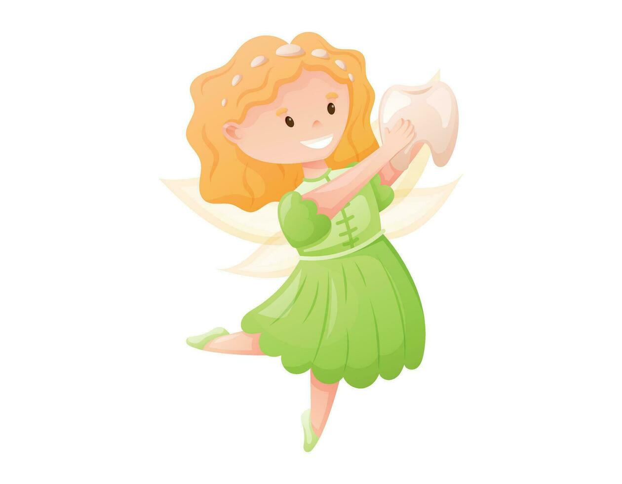 Cute childish character Tooth Fairy with wings holding a milk tooth. Cartoon vector isolated girl princess with crown.