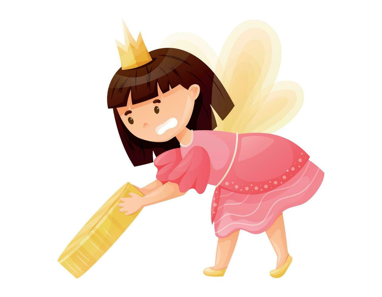 linda niño personaje diente hada con alas tracción un enorme dorado moneda. dibujos animados vector aislado niña princesa en dorado corona.