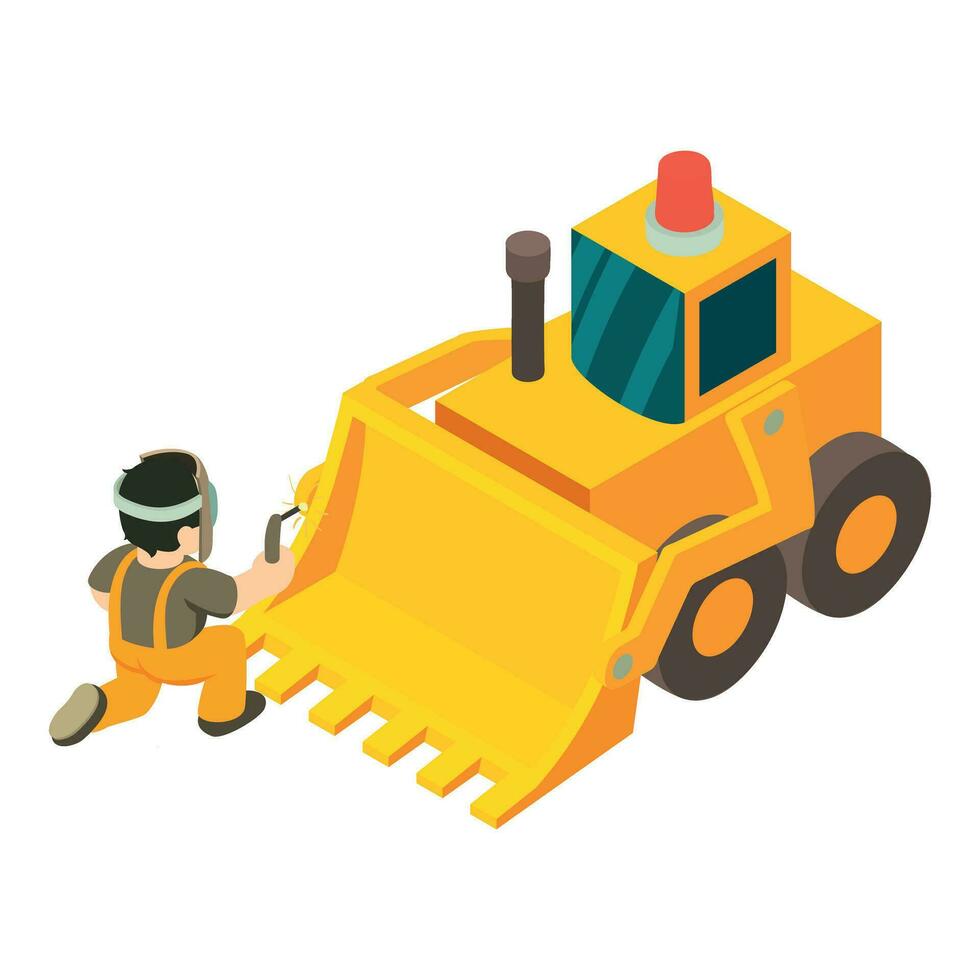 Welding work icon isometric vector. Welder perform repair work near bulldozer vector