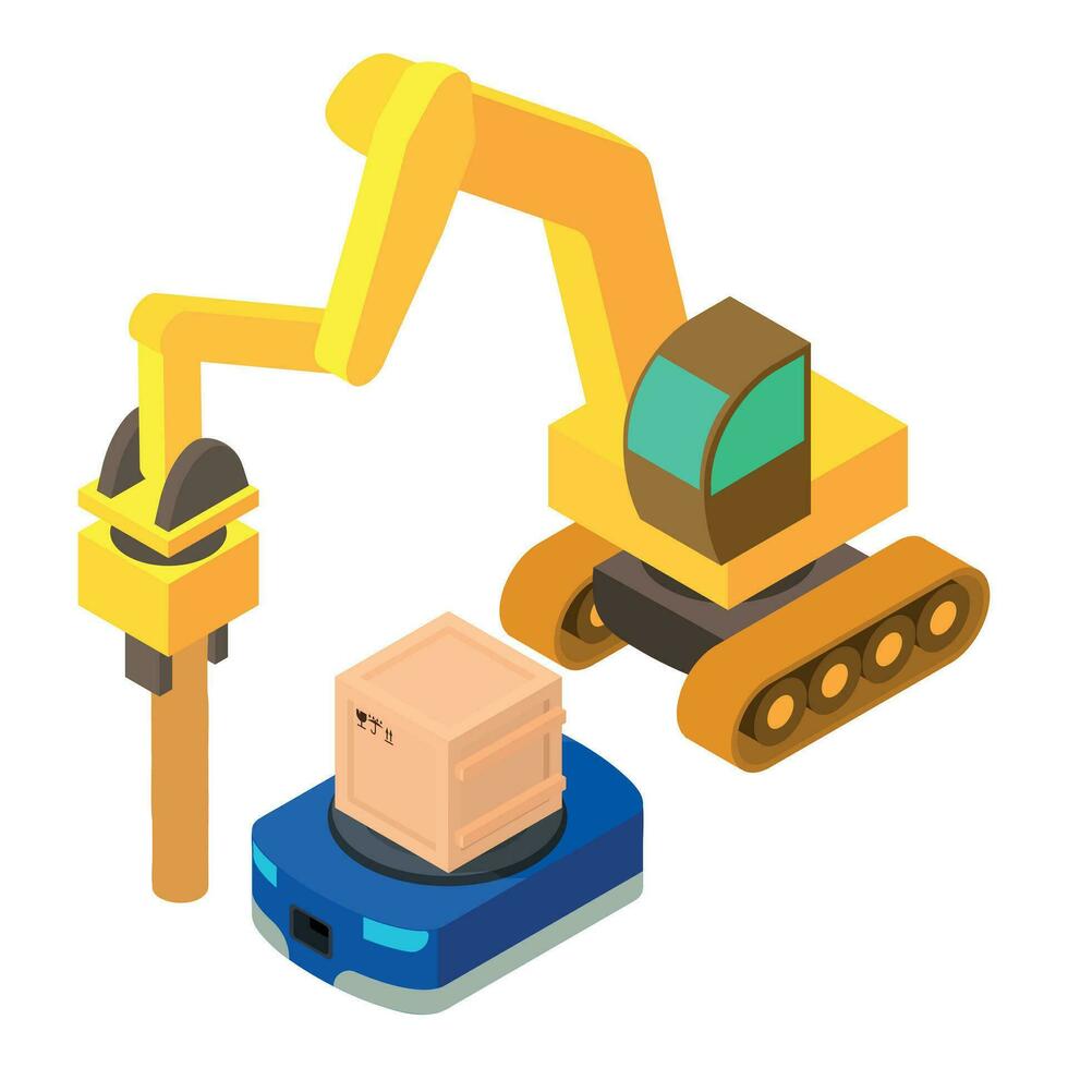 Ground work icon isometric vector. Large jackhammer near modern warehouse robot vector