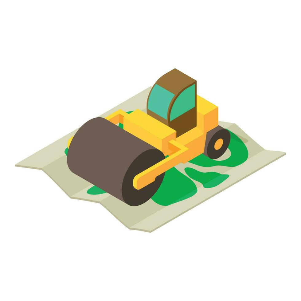 Road work icon isometric vector. Large yellow road roller on big area map icon vector