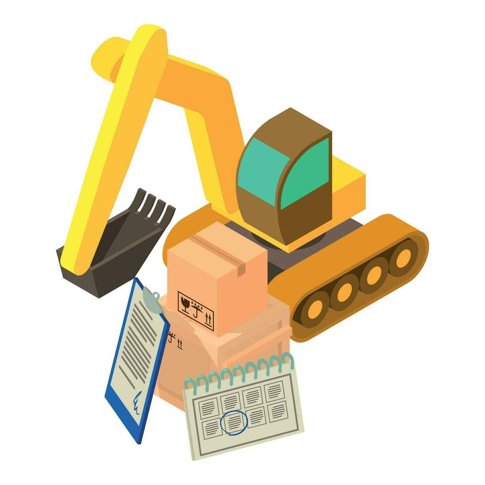 Excavator work icon isometric vector. Large crawler excavator near postal parcel vector