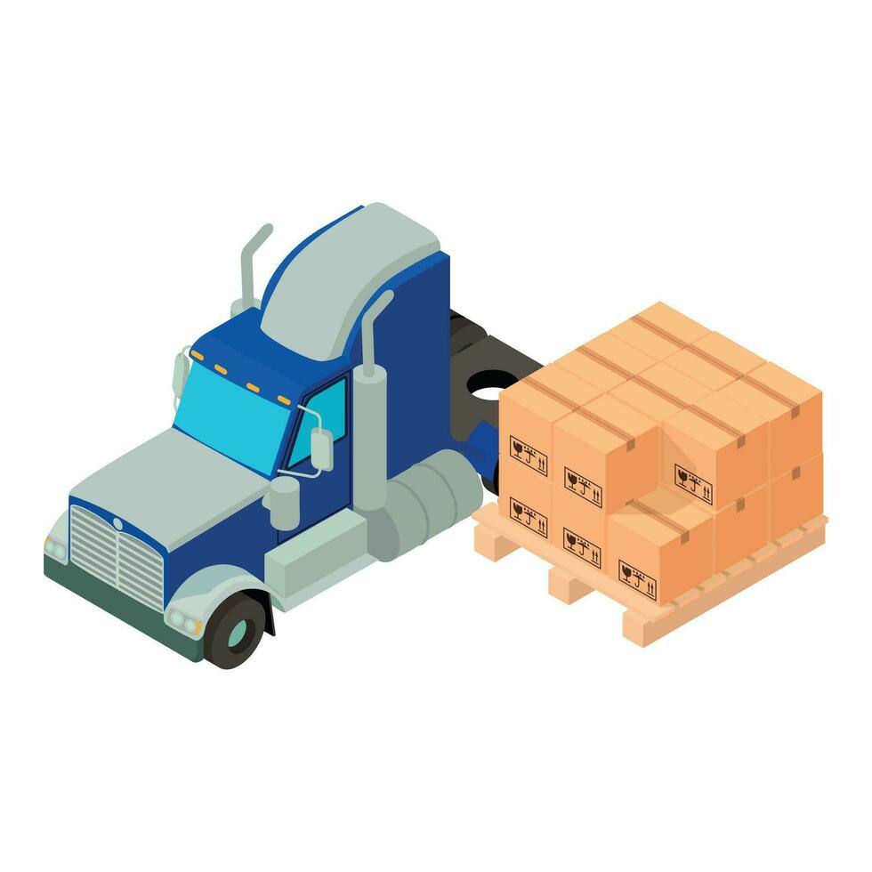 Loading operation icon isometric vector. Semi trailer truck near wooden pallet vector